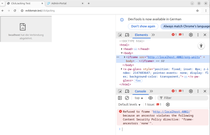 Screenshot of the browser in which the malicious clickjacking domain is opened. The dev tool is open and shows the following error message: Refused to frame http://localhost:4002/ because an ancestor violates the following Content Security Policy directive: frame-ancestors none. (Backticks and code quotation marks have been erased in this alternative text for technical reasons in order not to disrupt the HTML syntax in the CMS.)